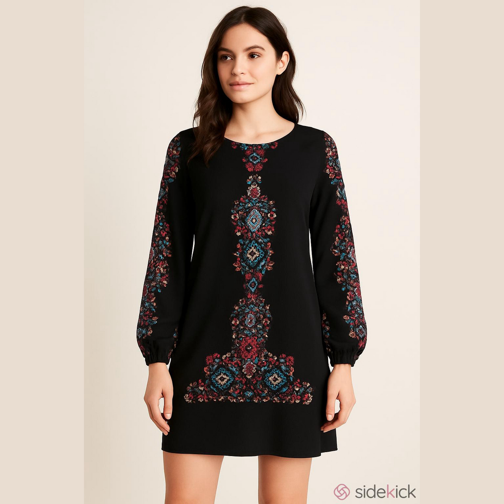 Fifth & Park Black Floral Long Sleeve Dress M - Picture 8 of 8